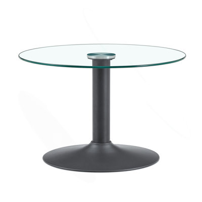 27.5-Inch Diameter Round Tempered Glass Coffee Table. 17.7 Inches High, Supported By A Black Metal Base, With A Light Luxury Edge.