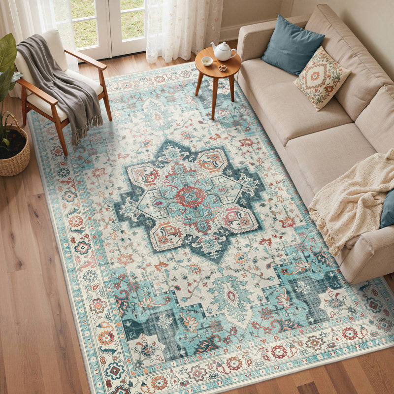Roehit Oriental Performance Machine Washable Area Rug, Rectangle 5' x 7', Light Green