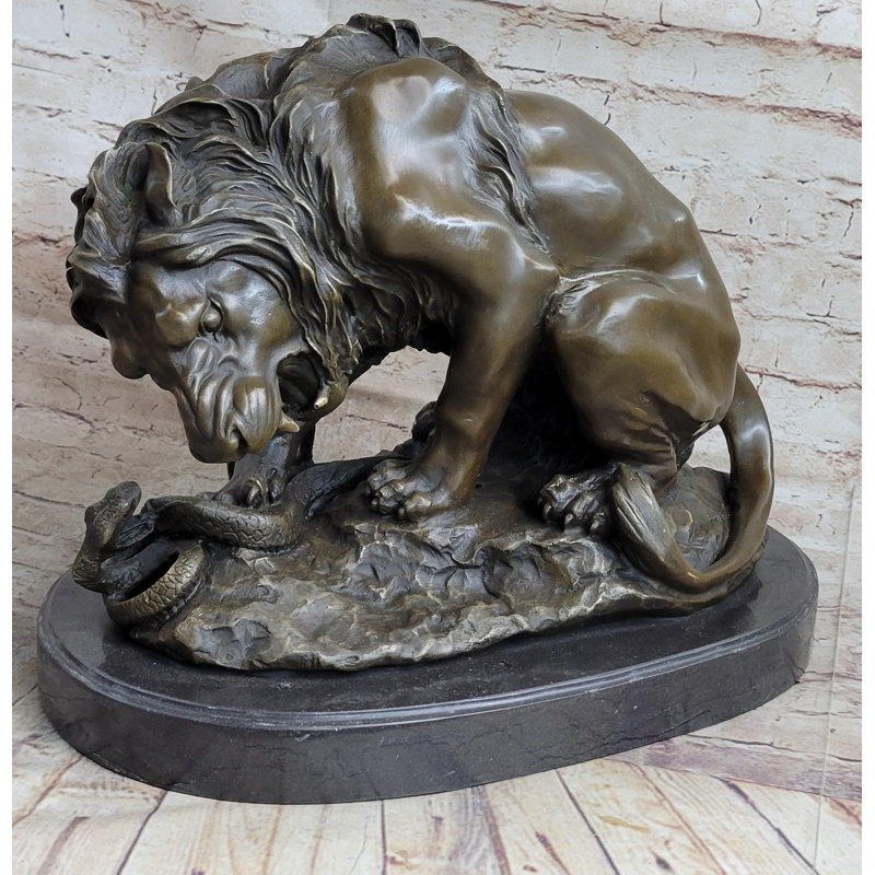 Antique Bronze Lion vs Snake Statue on Marble Base