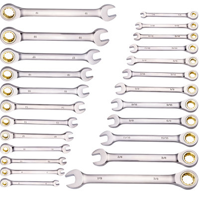 24 Pcs And Metric Combination Wrench , 72 - Tooth Ratchet With 5 Working Angle, Forged Steel, Organizer Rack For Organization, Gray Carbon Steel