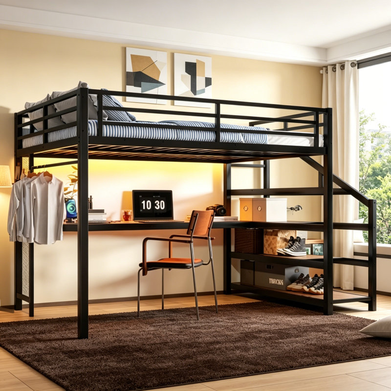 Grand lit mezzanine en métal avec bureau et escalier de rangement, éclairage à DEL intégré et ports de chargement USB, filet de fer suspendu, bouchons en caoutchouc réducteurs de bruit et cadre en acier résistant à la rouille Assemblage facile