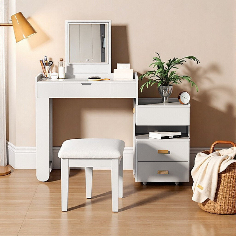 45 Inch 3-in-1 Vanity Desk with LED Mirror, Adjustable Lighting & Retractable Cabinet Dressing Table, White