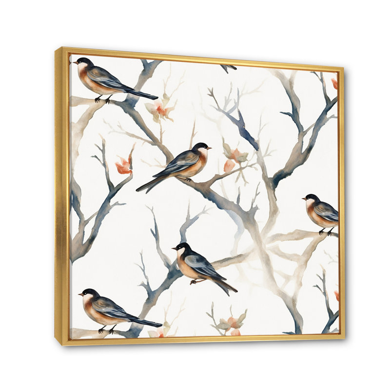 «Little Birds On The Tree Branches III», reproduction d'art sur toile, H 30 po x l 30 po x P 1 po, Cadre flottant doré