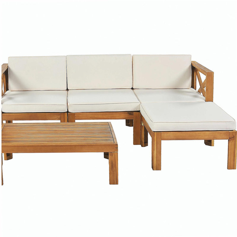 Ensemble de conversation modulaire d'extérieur en bois pour patio 5 pièces avec coussins, finition naturelle et coussins beiges Topmax