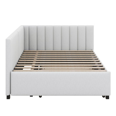 Full Size Linen Upholstered Daybed With Trundle, Wood Sofa Bed Frame For Apartment,Guest Room, No Box Spring Needed