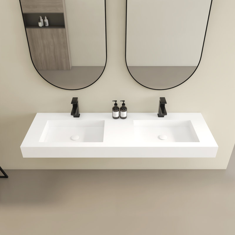 Lavabo de salle de bain mural 59 "à double cuve rectangulaire à surface solide avec trou pour robinet 59"