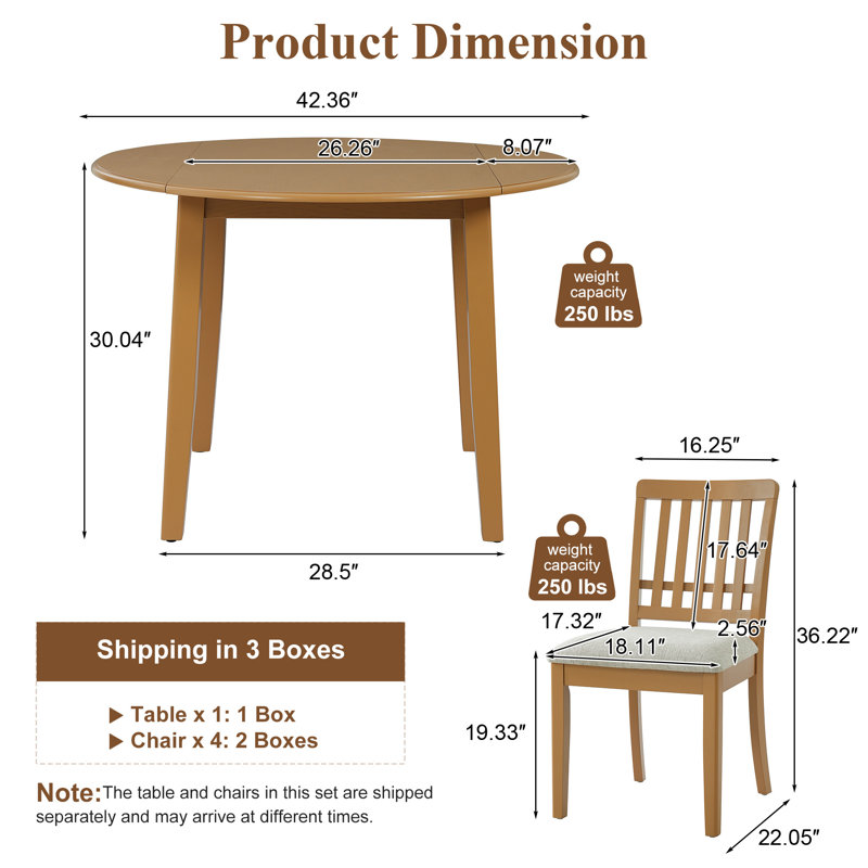 Ensemble de table de salle à manger 5 pièces avec 4 chaises rembourrées, Marron clair