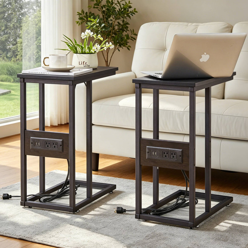 C End Table With USB And Built-In Outlets Sofa Table with Charging Station for Living Room, Black Top/Black Base