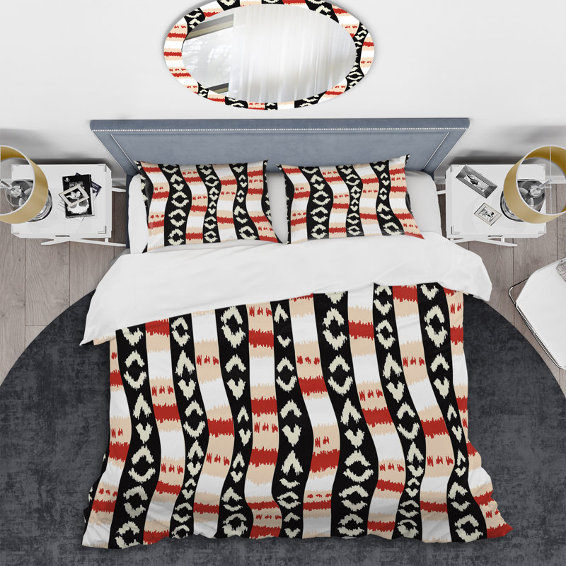 Ensemble de housse de couette à motif crème et noir Ikat, Housse de couette pour grand lit et 2 taies décor