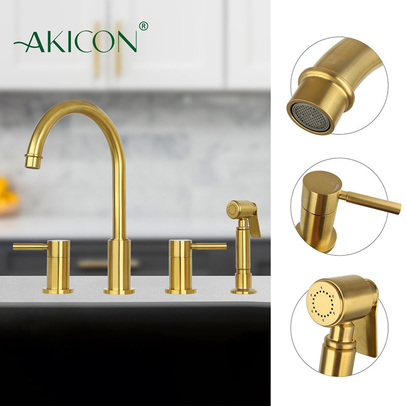 Brushed Gold Brass Double Handle Kitchen Faucet with Pull-out Spray