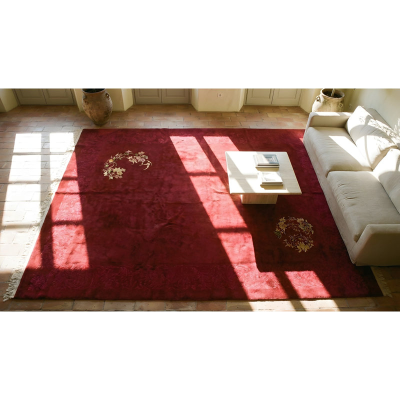 Tapis rectangulaire corail noué à la main style antique chinois des années 1920 en laine Art Deco