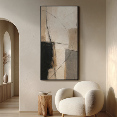 Très grand art mural imprimé sur tissu - Composition abstraite géométrique avec des accents noirs et beiges pour le salon ou la chambre à coucher - «Assemblage requis du cadre (cadre non fini)»