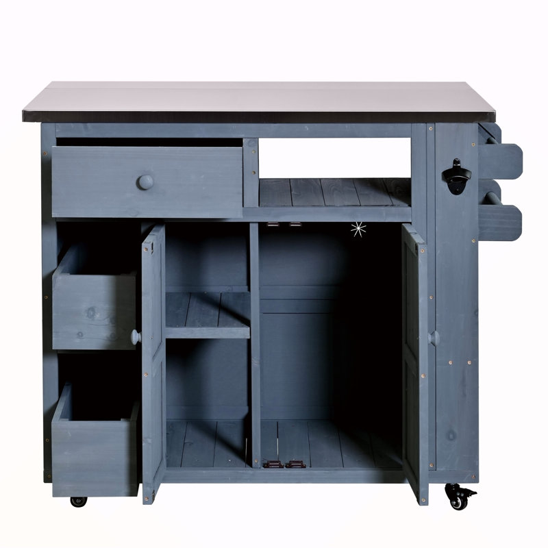 Outdoor Solid Wood Extendable 19.3''/28'' Kitchen Island, Stainless Steel Top Grill Table With Side Spice Rack, Kitchen Cart With Drawers, Storage Cabinet For Backyard, BBQ,Party