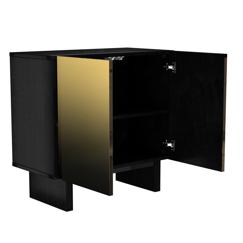 Armoire décorative à 2 portes en noir mat avec détails dorés, fonction d'ouverture par pression, tablettes réglables pour un grand rangement de magazines et d'accessoires, idéale comme rangement de buffet ou de couloir,