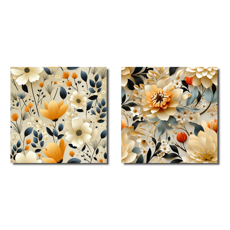 White Blossoms In Paradise III - Ensemble de 2 collages carrés botaniques abstraits, H 30 po x l 61 po, Toile tendue