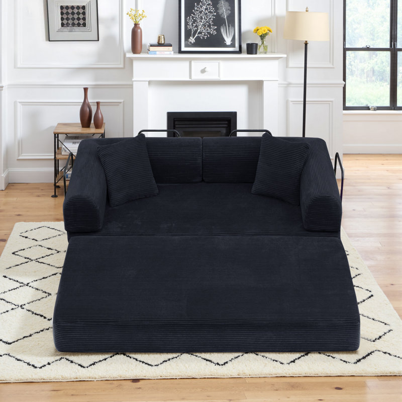 63" Corduroy Sleeper Sofa Modular Sofa Bed Compression Foam Couch Bed With 2 Pillows - No Assembly Required, Black
