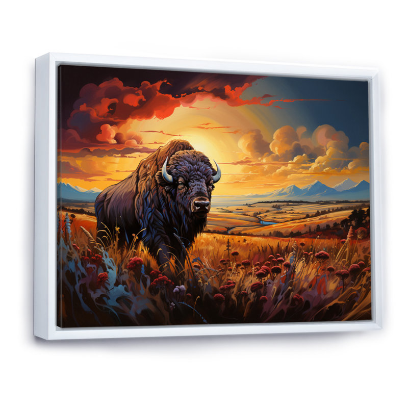 Art amérindien Bison Spirit II - Art amérindien, art mural, H 16 po x l 32 po x P 1 po, Cadre flottant blanc