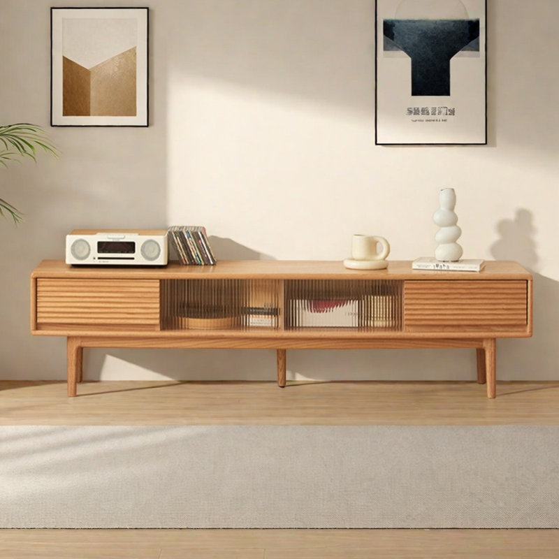 Meuble télé en chêne massif avec portes coulissantes en verre nervuré, H 16,14 po x L 78,74 po x l 13,78 po