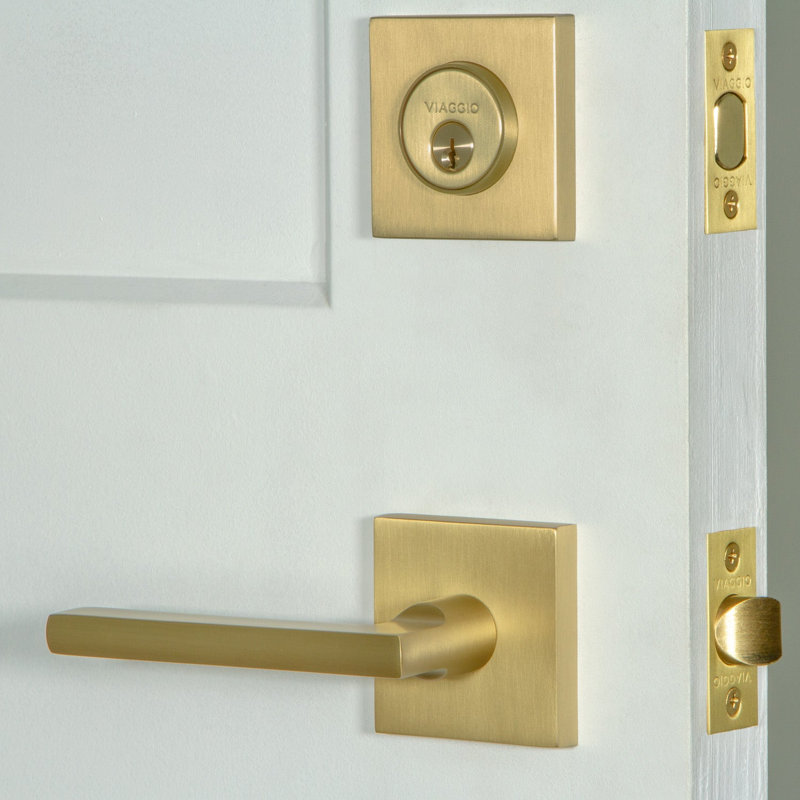 Quadrato Complete Milano Entry Lever Set with Single Cylinder Deadbolt, Satin Brass, Left