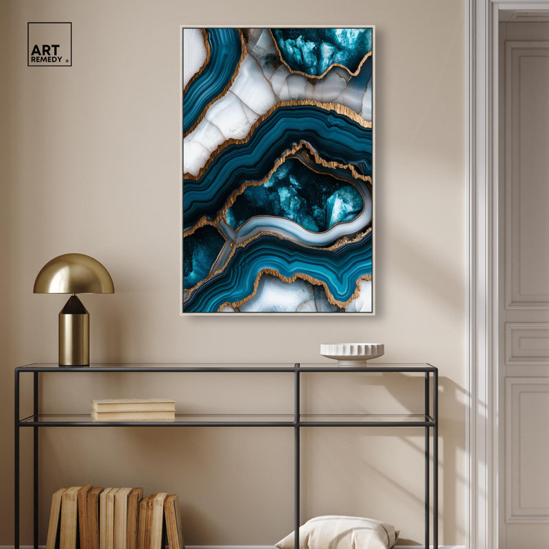 Art mural bleu sarcelle Tectonic III , Encadrement argenté, H 37 po x l 25 po