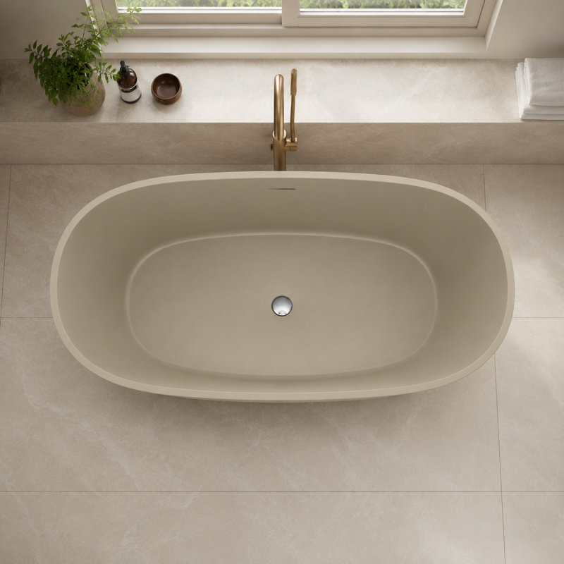 67" Solid Surface Freestanding Soaking Bathtub, Oval Khaki Matte Finish