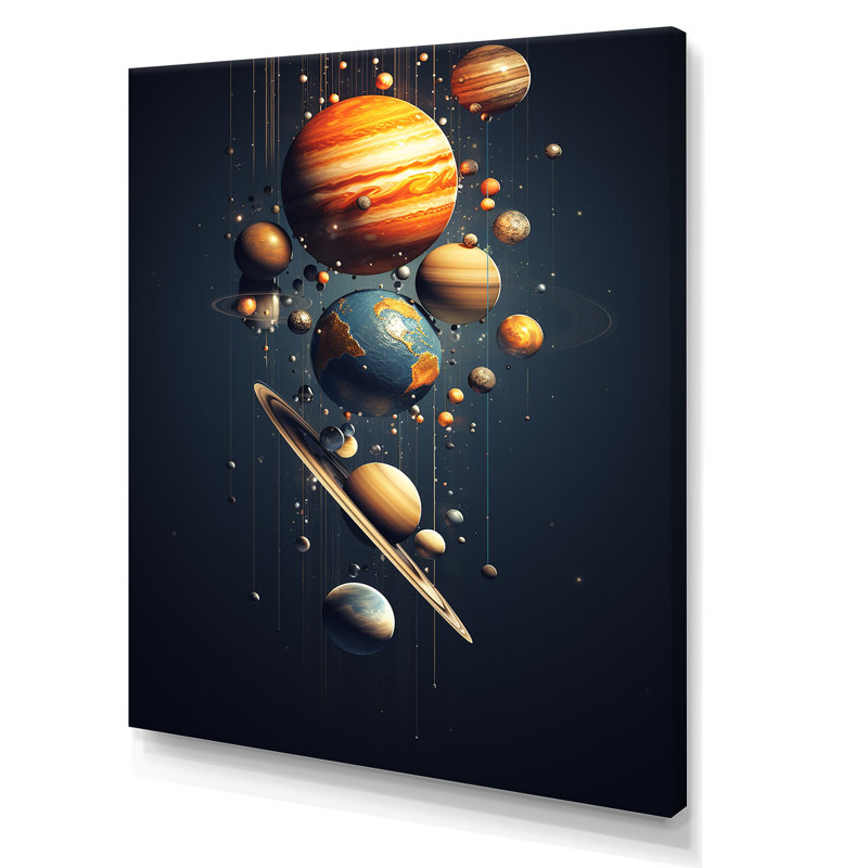 Art mural bleu et orange, planète Odyssey IV, H 32 po x l 24 po x P 1 po, Toile tendue