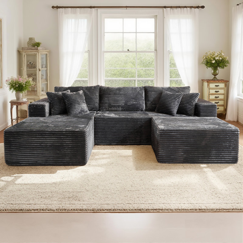 No Assembly Required Compression Packed 3-piece Cloud Modular Upholstered Boneless Sectional Sofa, Gray Corduroy
