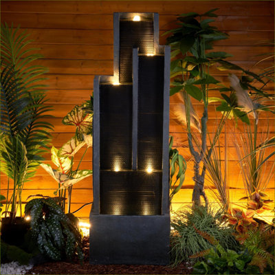 Fontaine cascade à DEL à 4 niveaux 50,7 "pour fontaine de jardin intérieure | Gris ardoise | Résine