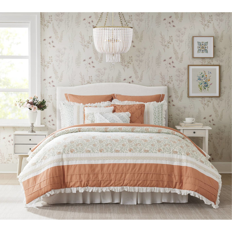 Édredon Dawn en corail - 9 pièces en coton, imprimé cachemire, bride, 2 taies décoratives, 3 coussins décoratifs Euro, jupe de lit avec décoration