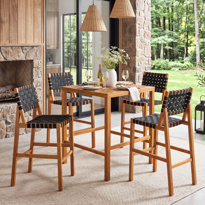 Ensemble repas 5 pièces à hauteur de bar en bois d'acacia avec corde tissée Malibu, Corde noire / teck