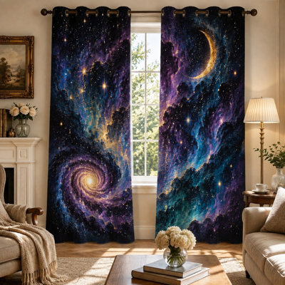 Ensemble de 2 rideaux occultants à motif galaxie tourbillonnant, design céleste lune et ciel étoilé, motif nébuleuse abstrait, isolation thermique, œillets pour salon et chambre à coucher.