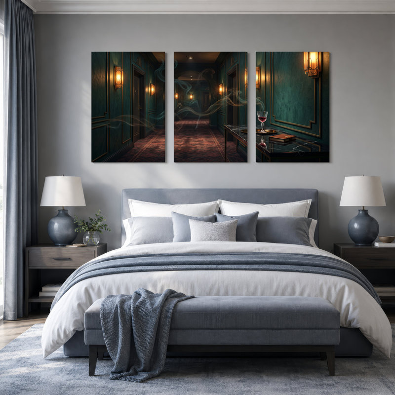 Ensemble de 3 toiles murales sarcelle avec table en marbre et verre à vin, H 24 po x l 16 po x 3 pièces
