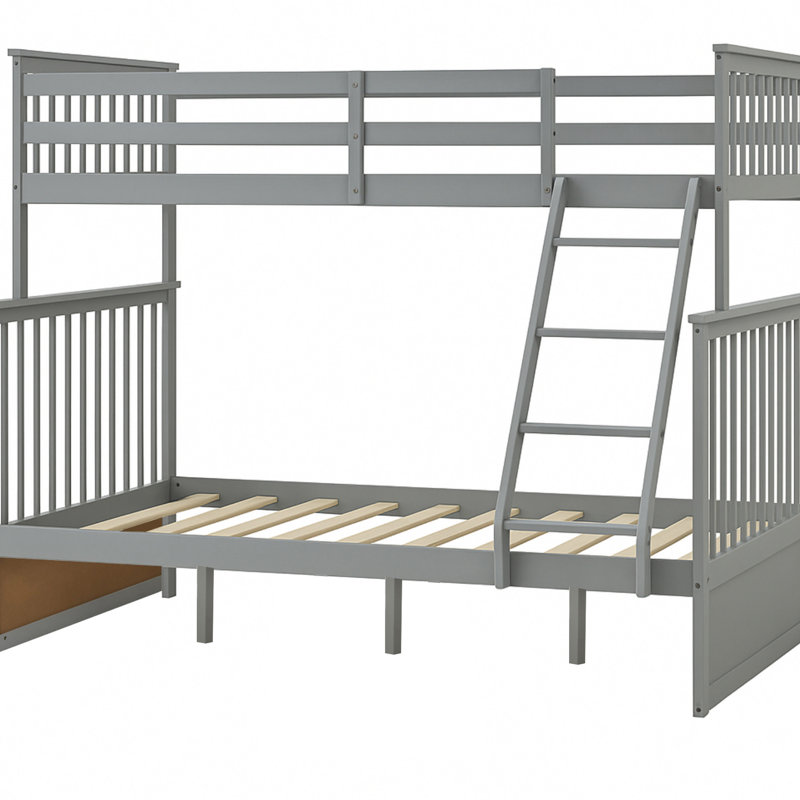 Twin Over Full Gray Bunk Bed Of Wood, Equipped With And Features, Strong Pine Build, Can Be Split Into Two For Added Convenience, No Spring Box Necessary, Top Handrail - Length Protection, Bottom