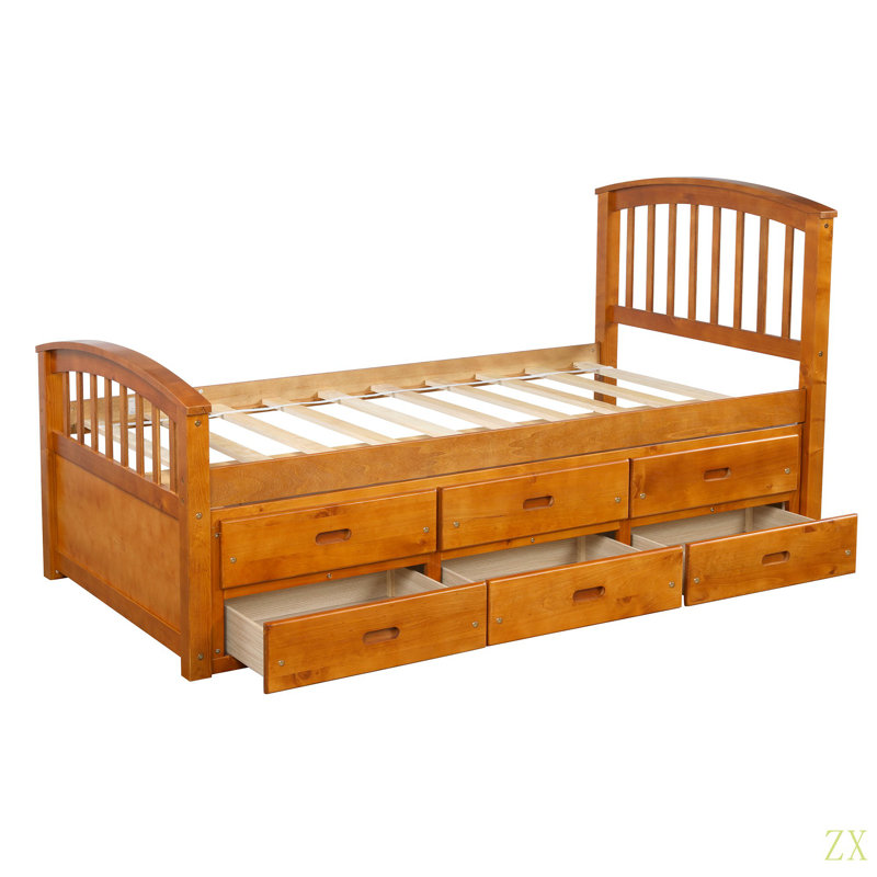 Lit plateforme simple avec rangement en bois massif et 6 tiroirs, Brun