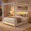 Lit plateforme Trundelle Queen à baldaquin capitonné beige avec lit gigogne simple, 3 tiroirs de rangement, tête de lit rembourrée, deux bandes DEL à la tête et au pied de lit, cadre à baldaquin