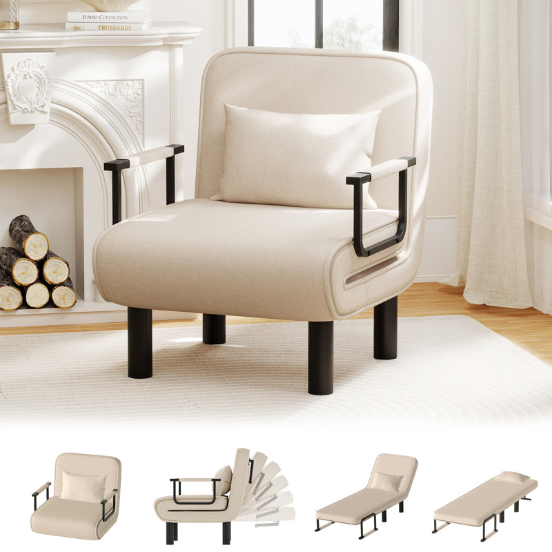 4-in-1 Folding Sofa Bed Chair, 6-Position Adjustable Backrest Convertible Sleeper Chair with Pillow, Linen Upholstered Chaise Lounge, Multi-Functional Accent Furniture for Bedroom Living Room