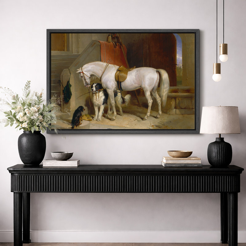 Illustration de cheval blanc et de chiens blancs, photos de l'entrée rustique, impression sur toile encadrée.