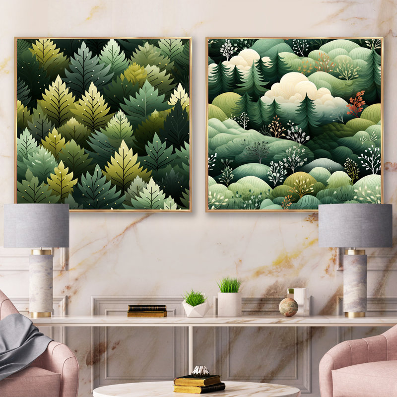 Campuzano - Ensemble de 2 collages carrés forêt, Cadre flottant doré, H 36 po x l 73 po