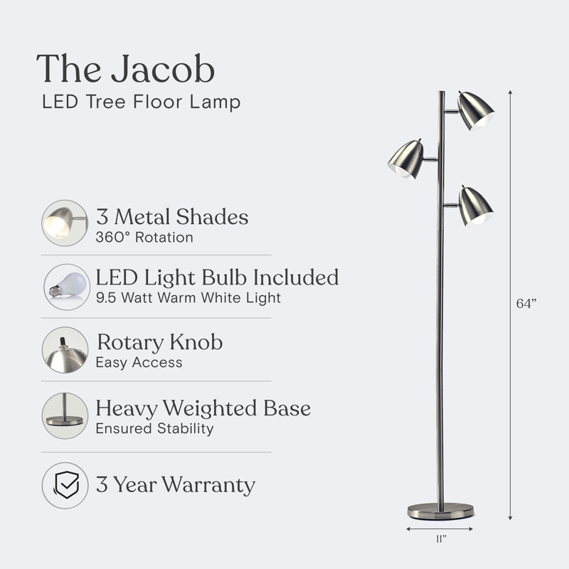 Jacob Adjustable 3-Light Nickel Floor Lamp with Google Assistant