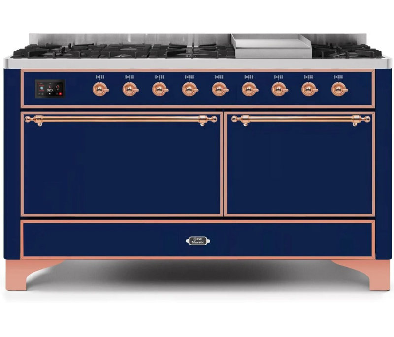 ILVE UM15FDQNS3BKCLP Majestic II 60 inch Dual Fuel Range with 9 Burners, Griddle (Liquid Propane, Solid Door, Glossy Black, Chrome)