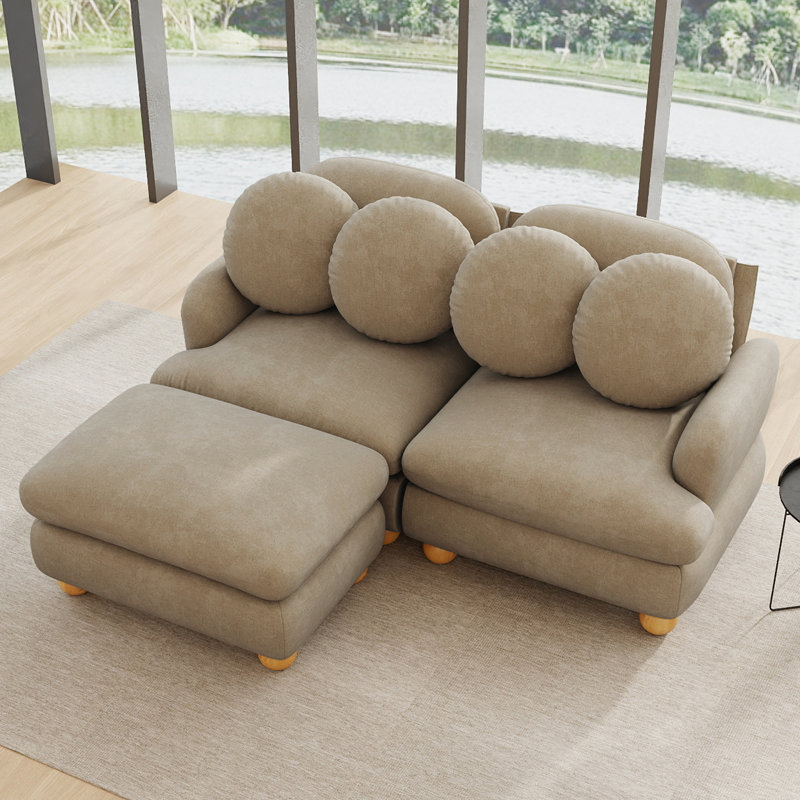 Canapé d'angle modulaire 2 places en chenille de 173 cm, assise profonde, avec 1 pouf et 4 coussins décoratifs, couleur camel