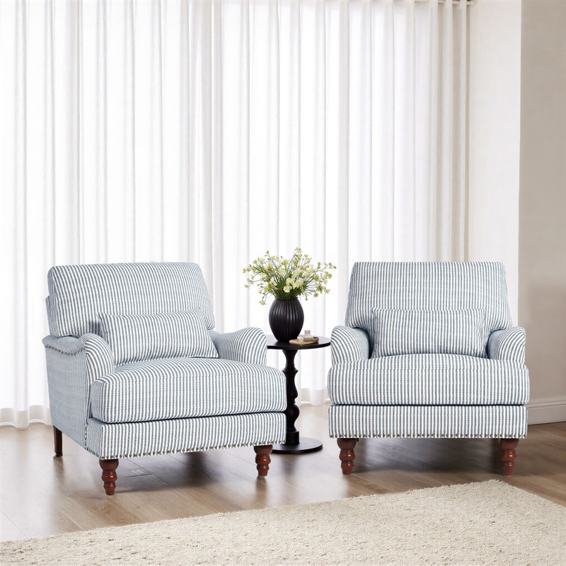 Fauteuil rembourré, Lin bleu à fines rayures