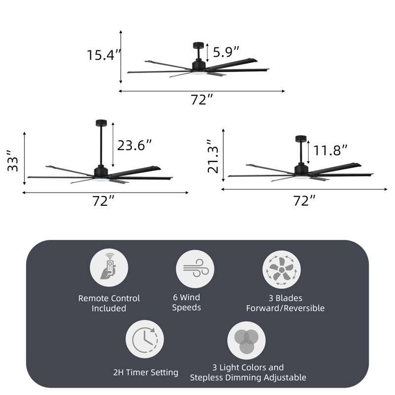 72 po Ventilateur de plafond avec DEL Tri-cct 1350 lumens, 6 pales en aluminium, moteur à courant continu, télécommande et 3 tiges verticales