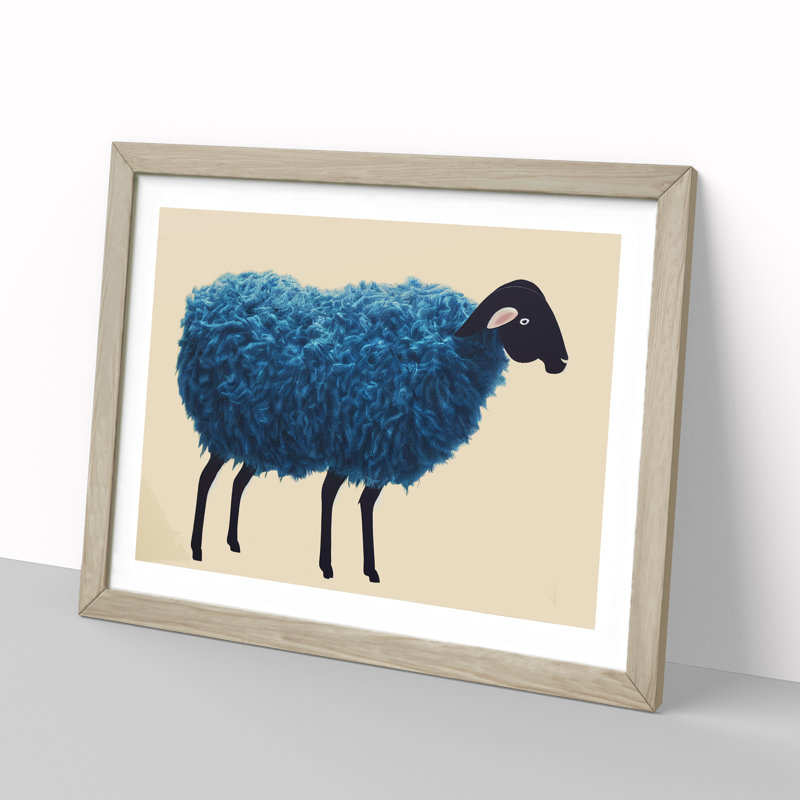 Fluffy Sheep - Single Picture Frame Painting, 46cm H x 64cm W x 2cm D, Oak