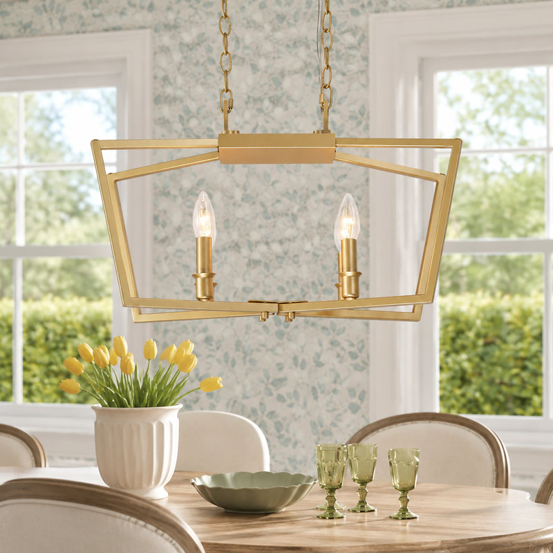 Luminaire suspendu géométrique doré à 4 lumières Quick Link réglable avec plaque arrière de plafond universelle, Doré, 4