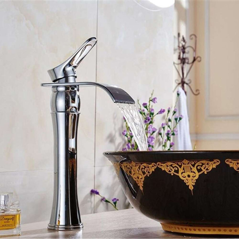 Burgos Single Handle Bathroom Sink Faucet with Drain – Chrome Finish, Waterfall Spout, Deck-Mount Design