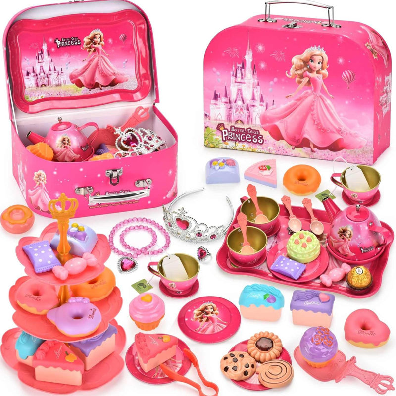 Kids Plastic Tea Party Set For Toddlers & Ages 3-8 – Princess Pretend Play Kitchen Toy With Carrying Case, Teapot, Cups, Saucers, Dessert Toys & Tray | Gift For Little Birthday