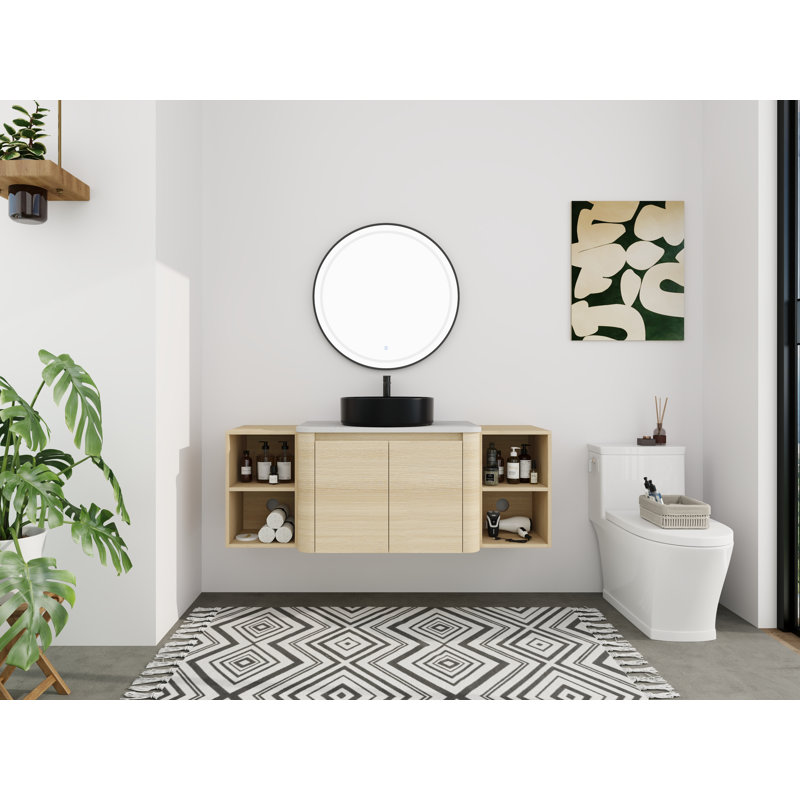 Meuble-lavabo double 54 po (pleine longueur) 54 po - 5 options de couleur de lavabo (blanc) + armoire en bois clair (type B)