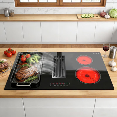 Karinear 36 inch Downdraft Electric Cooktop 7400W with Ventilation System, 2 Burner Electric Stove Top, Downdraft Extractor Control, No Plug