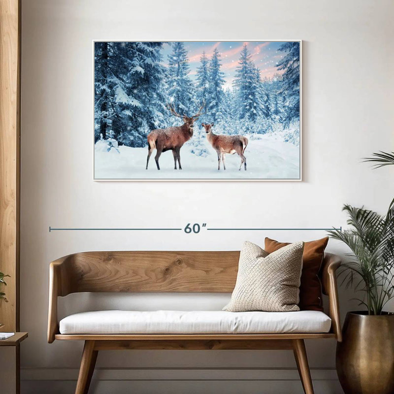 Cerf Winter Wonderland, 43 po x 29 po, Cadre flottant blanc